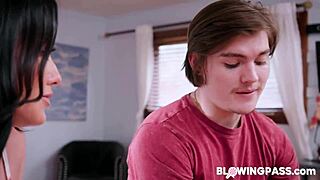 busty milf blows stepson to cheer him up quick