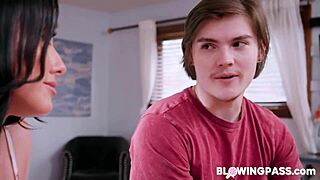 busty milf blows stepson to cheer him up quick