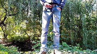 Curvy masturbating milf jerks my dick outdoors