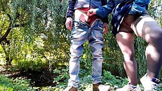Curvy masturbating milf jerks my dick outdoors