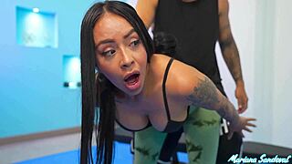 Petite colombian milf rides trainer cock at gym