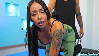 Petite colombian milf rides trainer cock at gym