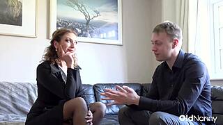 oldnanny shows mature woman in black outfit talking to a man