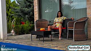 asian milf joins pool cleaner for fun