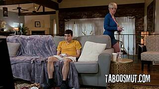 Horny stepmom distract stepson with her natural boobs while playing video games
