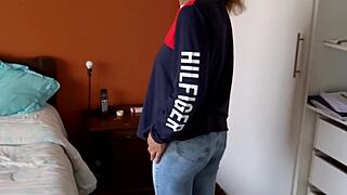 My stepson jerks off while watching me masturbate and cums in my hairy pussy