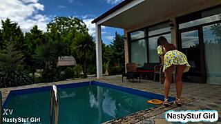 asian milf joins pool cleaner for fun