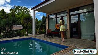 asian milf joins pool cleaner for fun