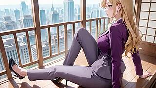 blonde boss in purple suit adjusts skirt while handling files