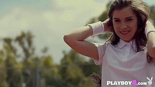 brunette milf model dances and strips outdoor