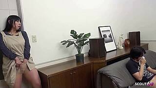 japanese step mom caught boy with panty and gives sloppy blowjob