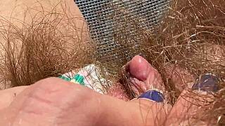 closeup big clit rubbing hairy pussy in panties