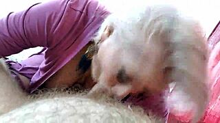 a mature wife sucks cock in lilac negligee