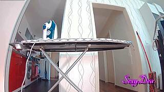 horny milf housewife teases big juicy ass in super tight white shorts while ironing - bends over & spreads for you