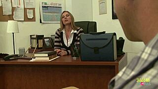 Constantly staring at the big tits of his blonde milf teacher leads to a blowjob and doggy style