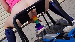 petite stepsister broke rainbow dildo on car jack