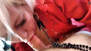 mature lady in red gives footjob and tit fuck with dirty talk