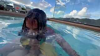 My busty wife gives me a blowjob by the hotel pool while people watch us yasmina khan