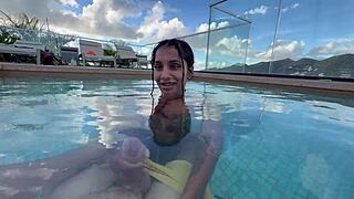 My busty wife gives me a blowjob by the hotel pool while people watch us yasmina khan