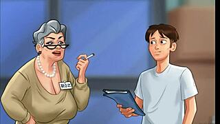 Summertime Saga: Starší dáma svádí mladého chlapa na creampie v nemocniční skladiště