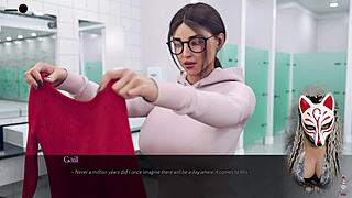 Szexi titkárnő játékos róka csábít hatalmas mellekkel az irodában.