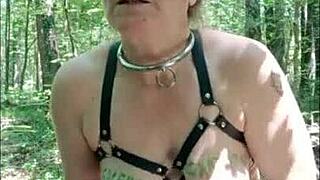 french milf maid in bondage hints at outdoor public blowjob and cum in mouth